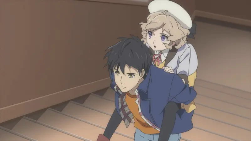 Kuro carrying Kotoko on his back up a flight of stairs in the supernatural romance anime In/Spectre.