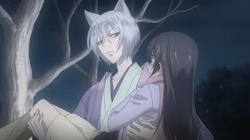 Tomoe holding Nanami in his arms at night under the moonlight in Kamisama Kiss.