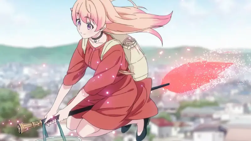 Nico smiling while flying on a broomstick with a glowing red magical trail over a town in Witch Watch.
