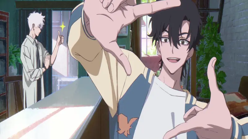 Cheng Xiaoshi frames a shot with his hands while Lu Guang gives a thumbs-up in the background of the highly rated time travel donghua Link Click.