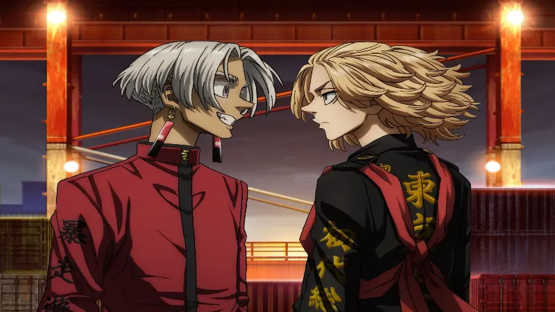 Izana Kurokawa and Manjiro Sano, also known as Mikey, stand face-to-face intensely in the time travel anime Tokyo Revengers.