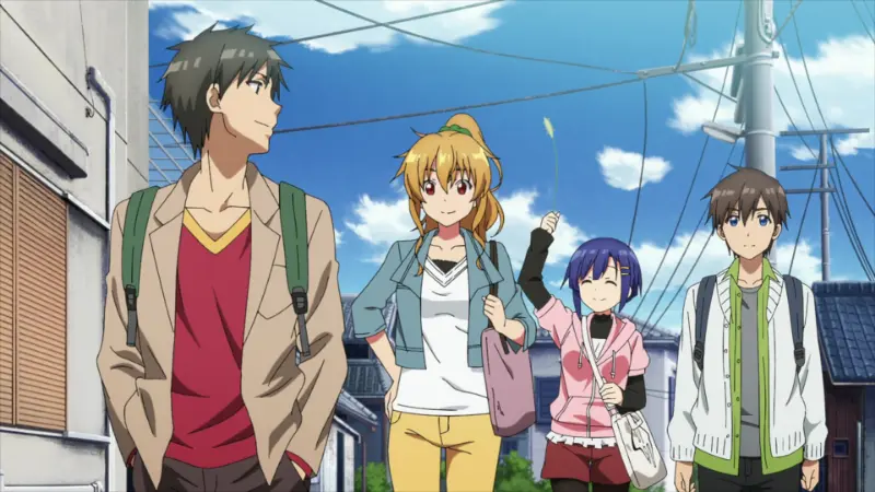 Kyoya Hashiba, Aki Shino, Nanako Kogure, and Tsurayuki Rokuonji walk together down a suburban street in the slice-of-life time travel anime Remake Our Life!.
