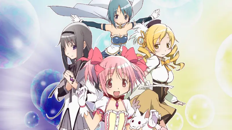 Madoka Kaname, Homura Akemi, Mami Tomoe, Sayaka Miki, and Kyubey pose together surrounded by bubbles in the dark magical girl and time travel anime Puella Magi Madoka Magica.