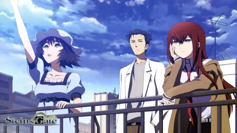 Mayuri Shiina, Rintaro Okabe, and Kurisu Makise stand together on a rooftop looking up at the sky in the iconic time travel anime Steins;Gate.