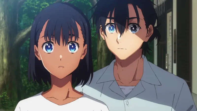 Shinpei Ajiro and Mio Kofune stand outside near green trees in the suspenseful mystery and time travel anime Summertime Rendering.