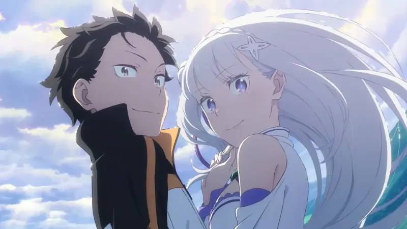 Subaru Natsuki and Emilia smile closely together against a bright, cloudy sky in the psychological time travel anime Re:Zero − Starting Life in Another World.