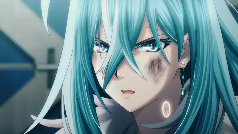 The AI Vivy looks forward intensely with glowing blue eyes and a bruised face in the sci-fi time travel anime Vivy: Fluorite Eye's Song.