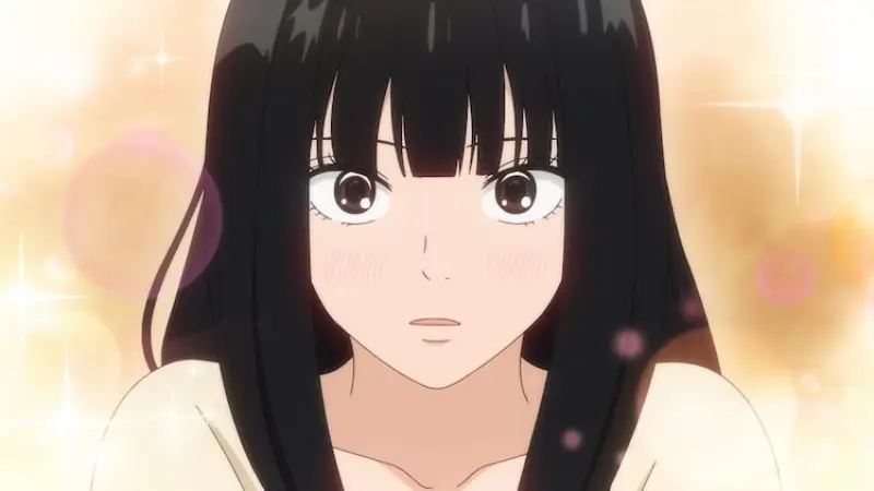 Kimi ni Todoke protagonist Sawako Kuronuma blushing softly surrounded by sparkles, a perfect fit for the best dandere anime characters.