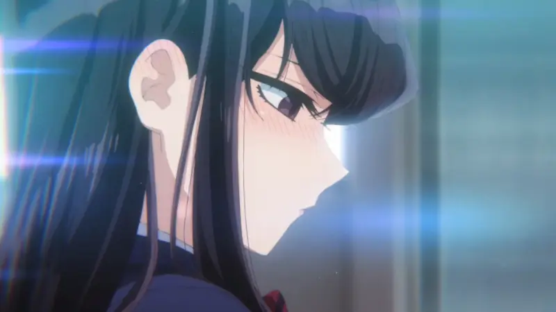 Komi Can't Communicate lead Shouko Komi blushing with an intense stare, earning her spot among the best dandere anime characters.