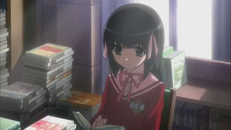 The World God Only Knows character Shiori Shiomiya sitting quietly in a library surrounded by tall stacks of books.
