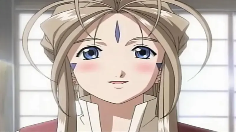 Ah! My Goddess features Belldandy displaying a gentle smile and her signature facial markings.