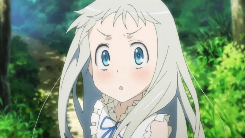 Meiko Menma Honma looking surprised in a lush green forest in Anohana: The Flower We Saw That Day.