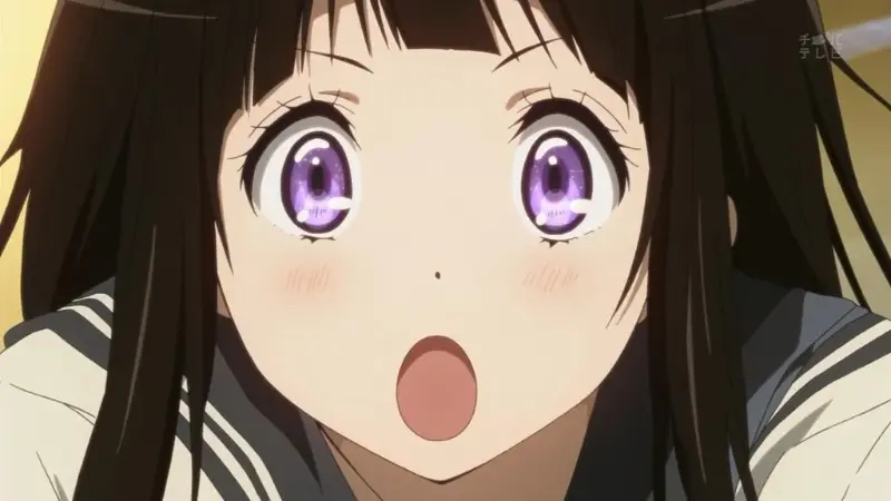 Hyouka protagonist Eru Chitanda leaning in with wide, curious purple eyes.