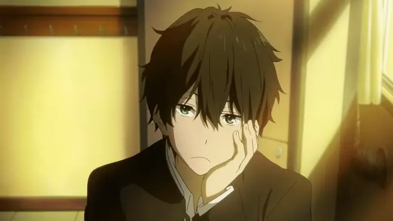 The lazy but brilliant deductive genius MC Hotaro Oreki rests his chin on his hand in the mystery anime Hyouka.