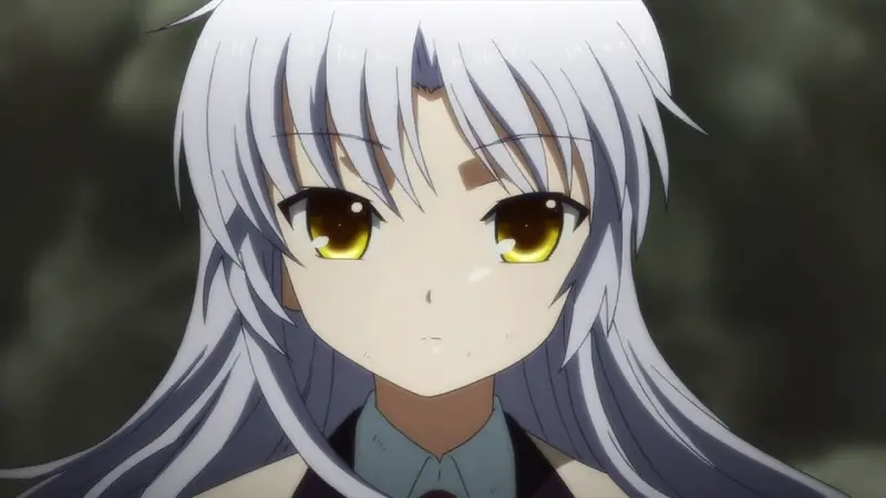 Angel Beats! character Kanade Tachibana staring intently with her striking yellow eyes.