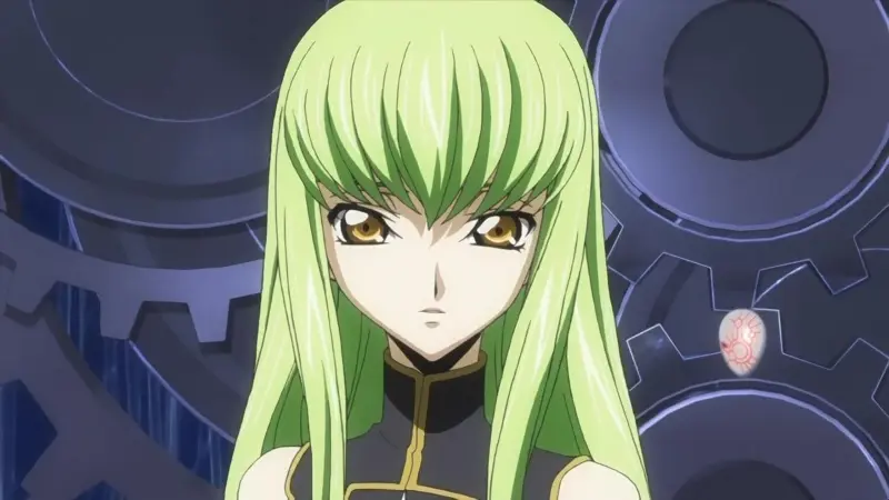 Code Geass character C.C. with long green hair standing in front of a dark gear background.