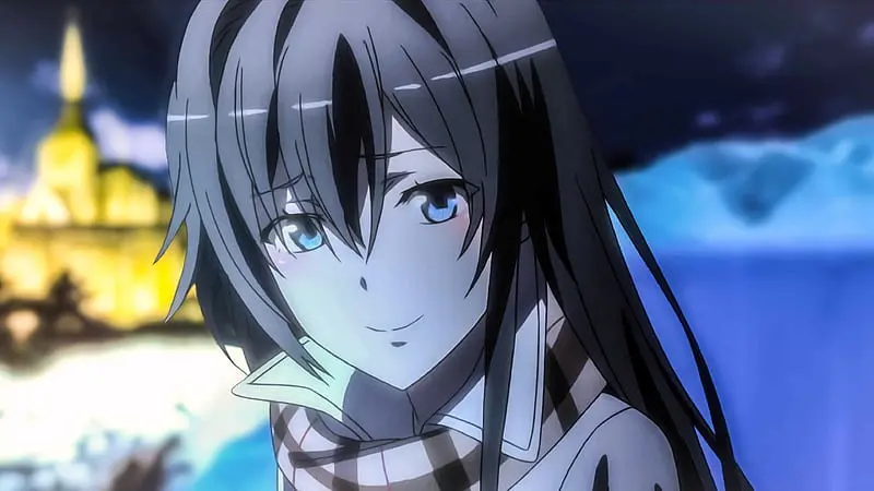 My Teen Romantic Comedy SNAFU lead Yukino Yukinoshita wearing a plaid scarf and smiling softly.
