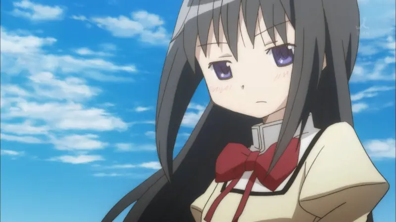 Puella Magi Madoka Magica magical girl Homura Akemi wearing her red bow against a cloudy sky, finalizing our list of the best kuudere anime characters.