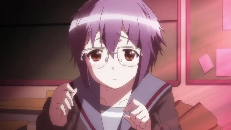 The Melancholy of Haruhi Suzumiya features Yuki Nagato wearing glasses and blushing slightly.