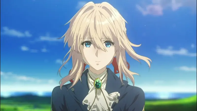 Violet Evergarden standing against a bright blue sky with the wind blowing through her hair.