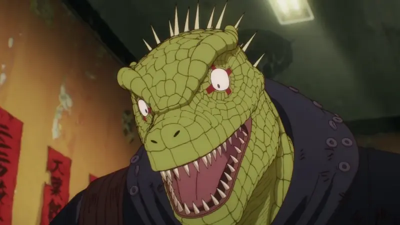 Caiman smiling broadly with his green reptile head and sharp teeth in Dorohedoro.