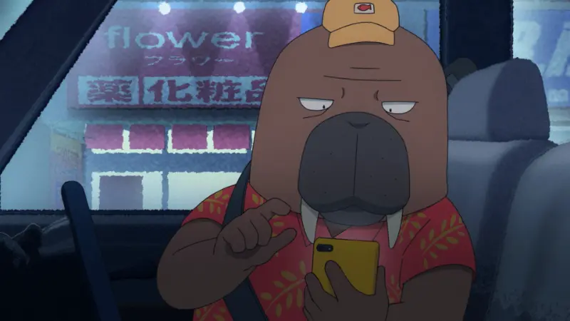Hiroshi Odokawa looking down at his glowing smartphone inside his taxi at night in Odd Taxi, a mystery anime with a non-human mc.