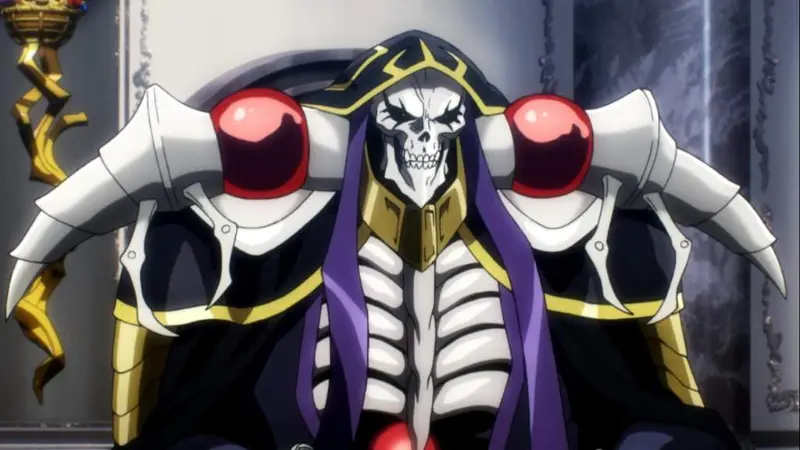 Ainz Ooal Gown sitting on his majestic bone throne in the dark fantasy anime Overlord.