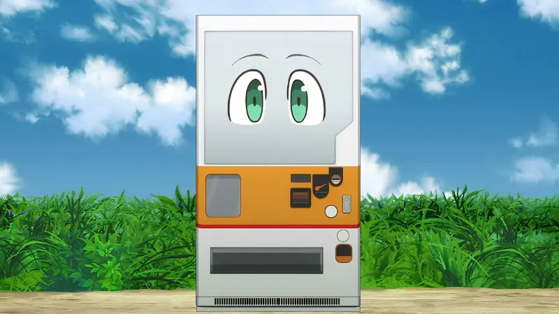 Boxxo the intelligent vending machine standing in a green grassy field under a blue sky in Reborn as a Vending Machine, I Now Wander the Dungeon.
