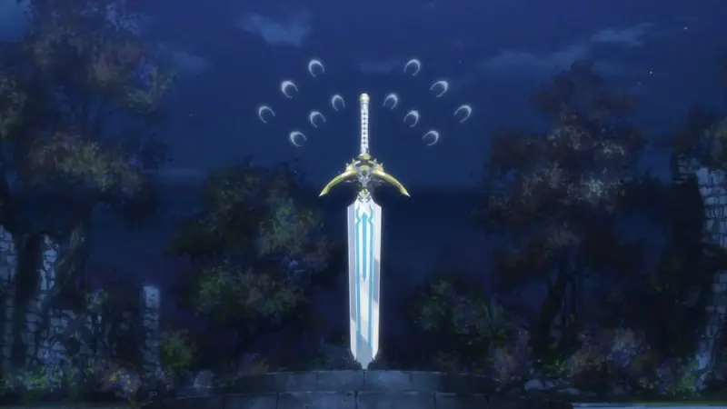 The sentient magical sword Shishou glowing brightly in a stone pedestal at night in Reincarnated as a Sword.