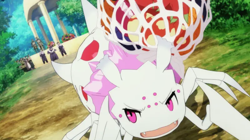 The white spider monster Kumoko carrying a giant woven basket full of red apples in So I'm a Spider, So What?, an isekai anime with a non-human mc.