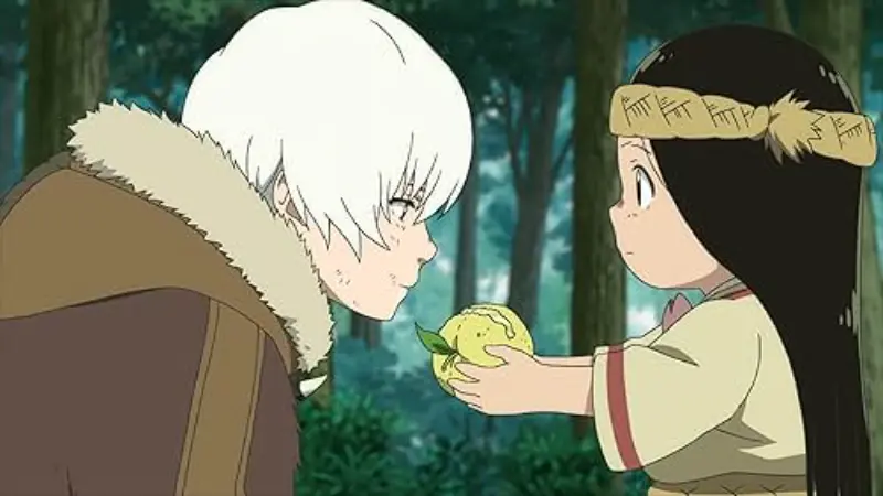 March smiling warmly while offering a yellow fruit to Fushi in a lush forest in the fantasy anime To Your Eternity.