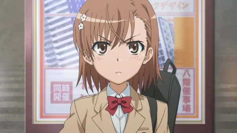 A Certain Scientific Railgun lead Misaka Mikoto glaring forward in her Tokiwadai middle school uniform.