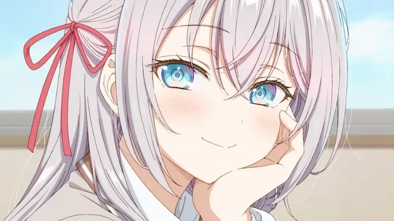 Alya Sometimes Hides Her Feelings in Russian features Alya Mikhailovna Kujou smiling sweetly while resting her head on her hand, a modern icon for best tsundere anime characters.