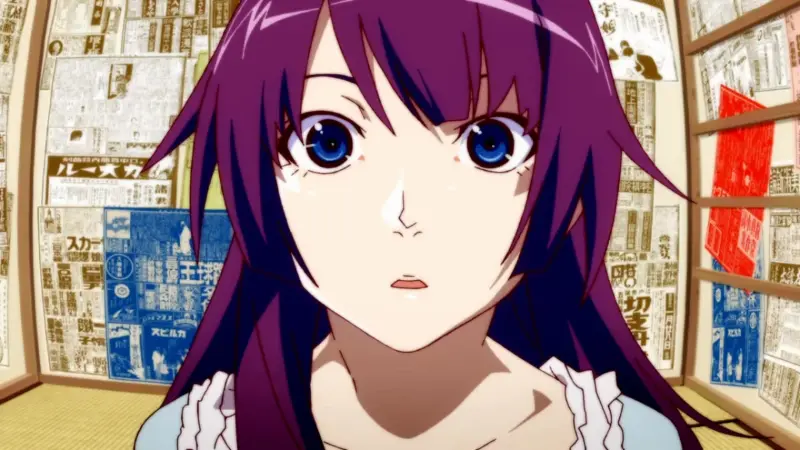 Bakemonogatari character Hitagi Senjougahara delivering an intense stare surrounded by newspaper walls.
