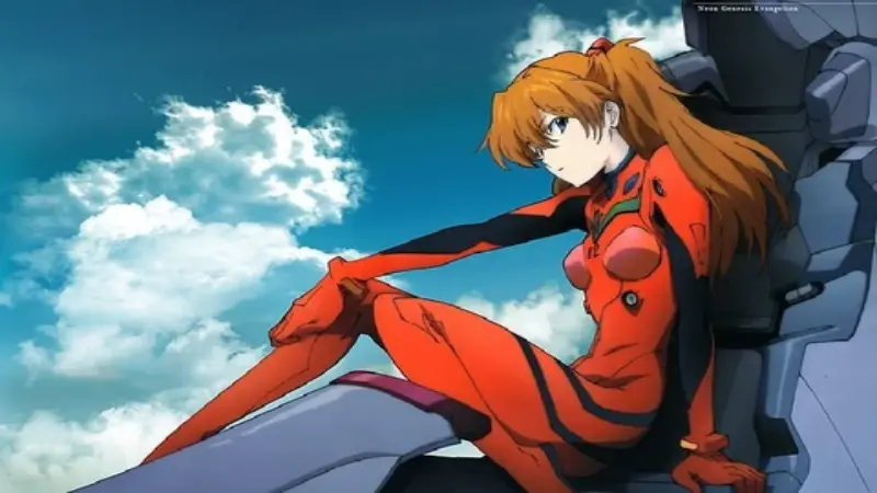 Neon Genesis Evangelion pilot Asuka Langley Soryu resting inside her Eva cockpit while wearing a red plugsuit against a blue sky.