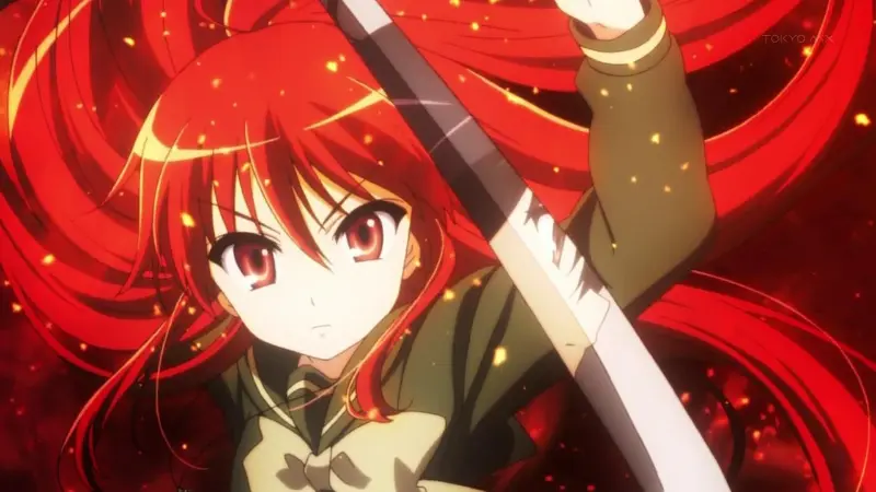 Shakugan no Shana features the titular character with glowing red hair wielding her sword surrounded by embers.