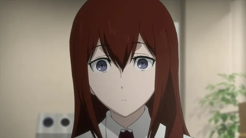 Steins;Gate protagonist Kurisu Makise wearing her white lab coat with a serious expression, earning her spot as one of the best tsundere anime characters.