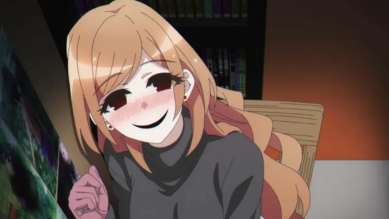 Dark Gathering features Eiko Houzuki displaying a shadowed, unsettling smile in a dark room.