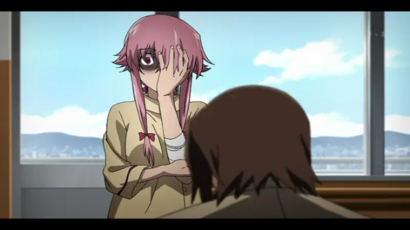 Future Diary protagonist Yuno Gasai standing in a classic trance-like state, an iconic entry for best yandere characters.