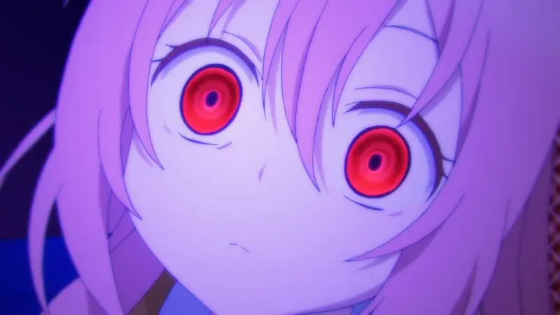 Happy Sugar Life character Satou Matsuzaka staring blankly with glowing, intense red eyes.
