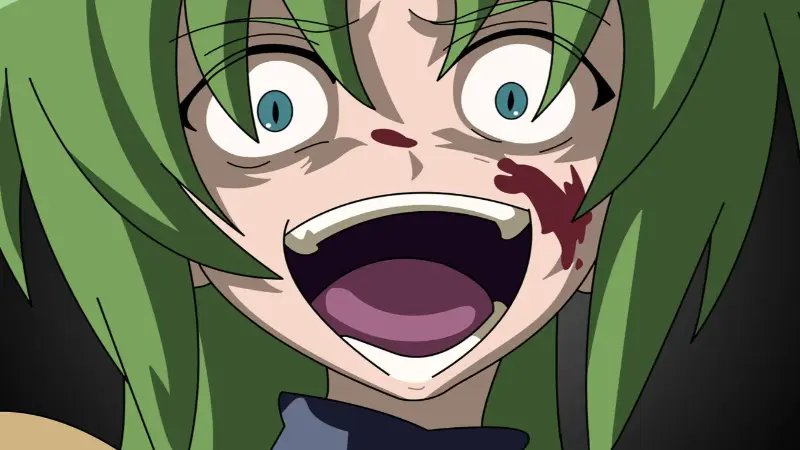 Higurashi: When They Cry character Shion Sonozaki laughing maniacally with a distressed, compromised expression.