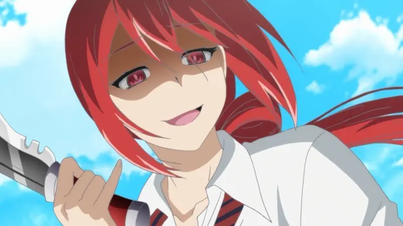 Love Tyrant features Akane Hiyama smiling menacingly while holding a sharp survival tool against a bright blue sky, rounding out our best yandere characters.