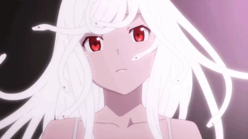 Monogatari Series features Nadeko Sengoku with glowing red eyes and white snakes for hair.