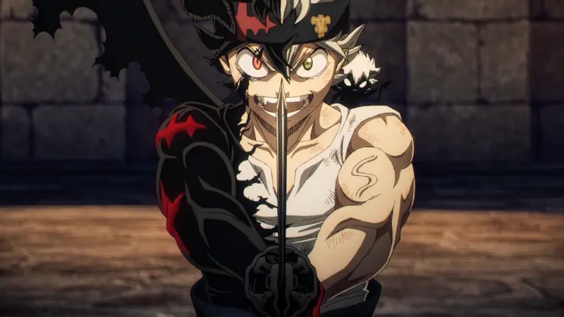 Asta smiling confidently while holding his anti-magic sword in his half-demon form in Black Clover.