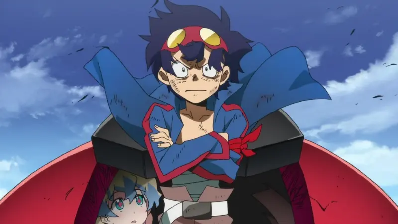 Simon standing confidently with his arms crossed, wearing a blue cape and his core drill goggles in Tengen Toppa Gurren Lagann.