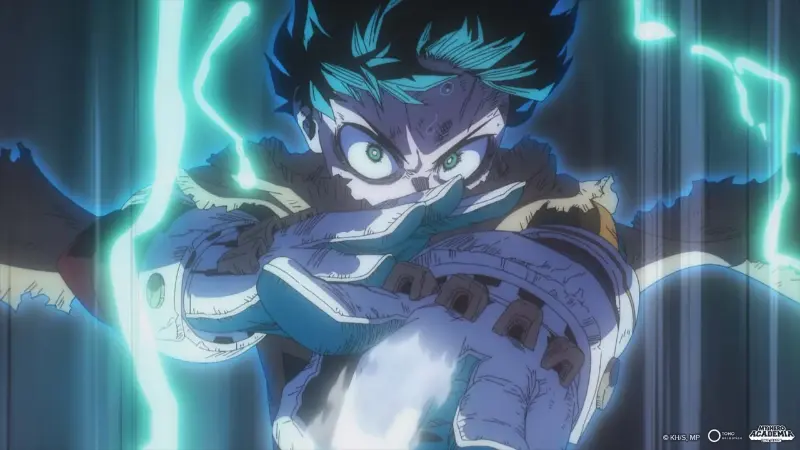 Izuku Midoriya charging up One For All with green lightning surrounding his body in My Hero Academia.