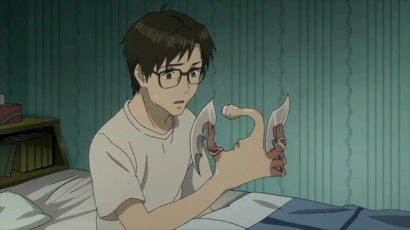 Shinichi Izumi sitting in his bedroom looking in shock at Migi, the alien parasite that has taken over his right hand, in Parasyte: The Maxim, an anime where the MC starts weak and becomes insanely strong.