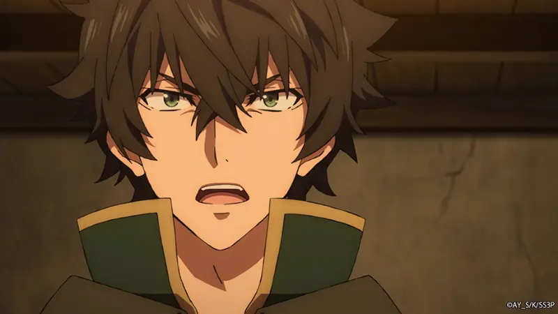 Naofumi Iwatani scowling in his green and gold cloak in The Rising of the Shield Hero, an isekai anime where the main character starts weak and becomes insanely strong.