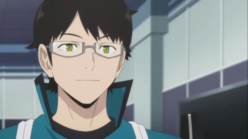 Osamu Mikumo smiling faintly in his green Border uniform and glasses in World Trigger.