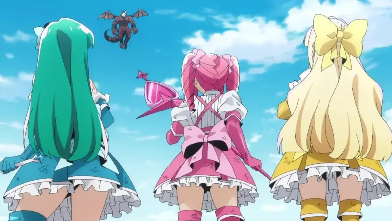 The magical girls Magenta, Sulfur, and Azul stand side-by-side facing a winged monster in the sky.